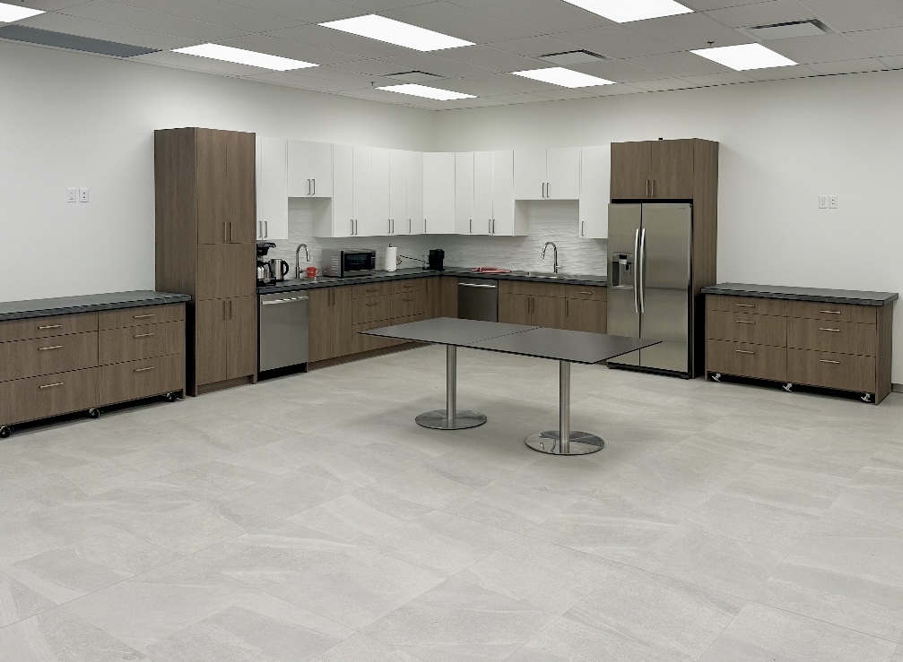 Commercial staff kitchen build-out with wood cabinetry