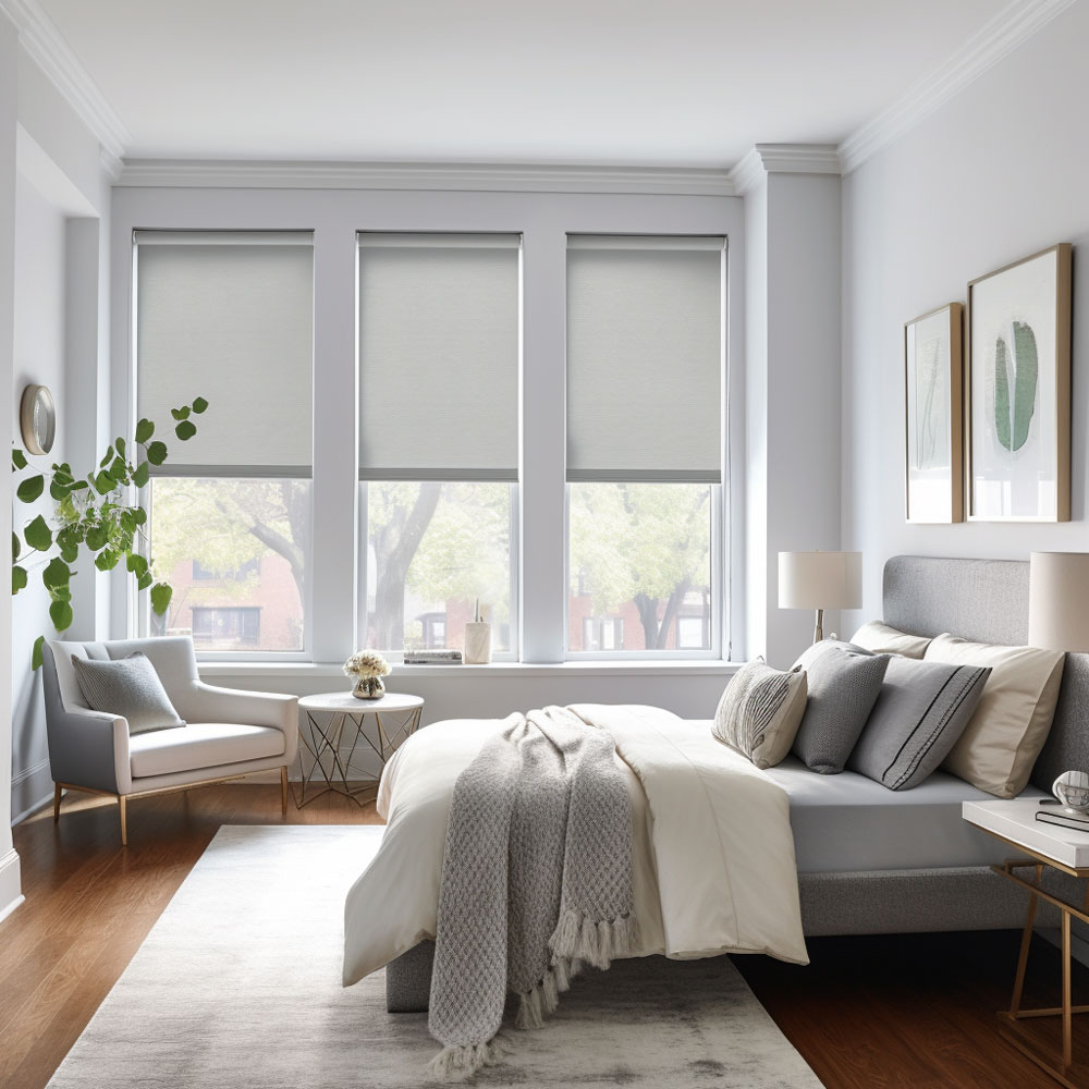 Bedroom with light-filtering roller shades on three windows
